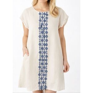 Tuckernuck House of Pom 100% linen white blue embroidered dress